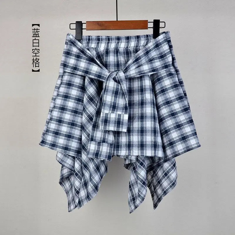 Summer Casual Retro Women’s Mini A-Line Skirt – Blue White Lattice Bow-Knot Elastic Waist Short Skirt