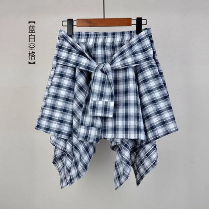 Summer Casual Retro Women’s Mini A-Line Skirt – Blue White Lattice Bow-Knot Elastic Waist Short Skirt