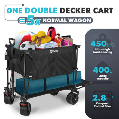 450LBS Double Decker Collapsible Wagon — 50"L Heavy-Duty Large Capacity Foldable Cart