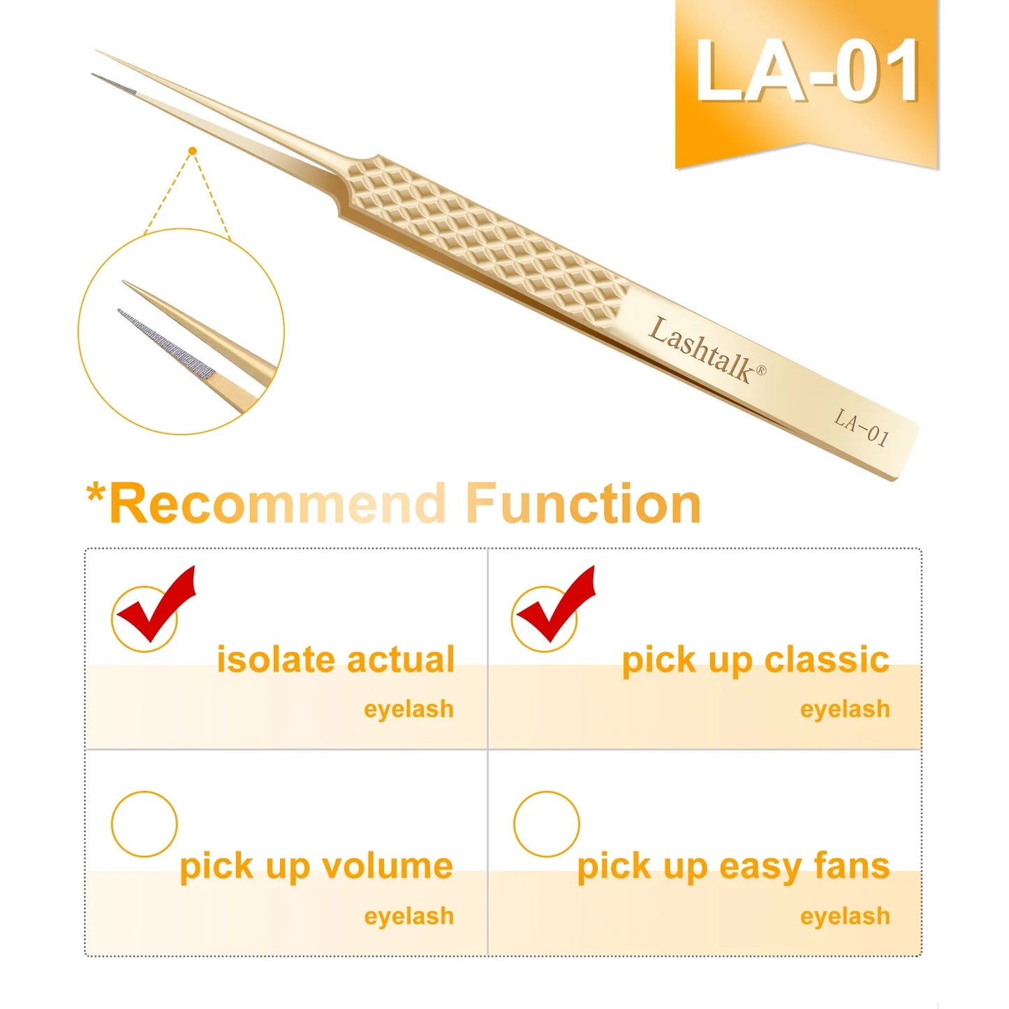 Lashtalk Precision Fiber Tip Tweezer - Diamond Grip Anti-Slip Gold Stainless Steel for Eyelash Extensions Makeup by Nagaraku