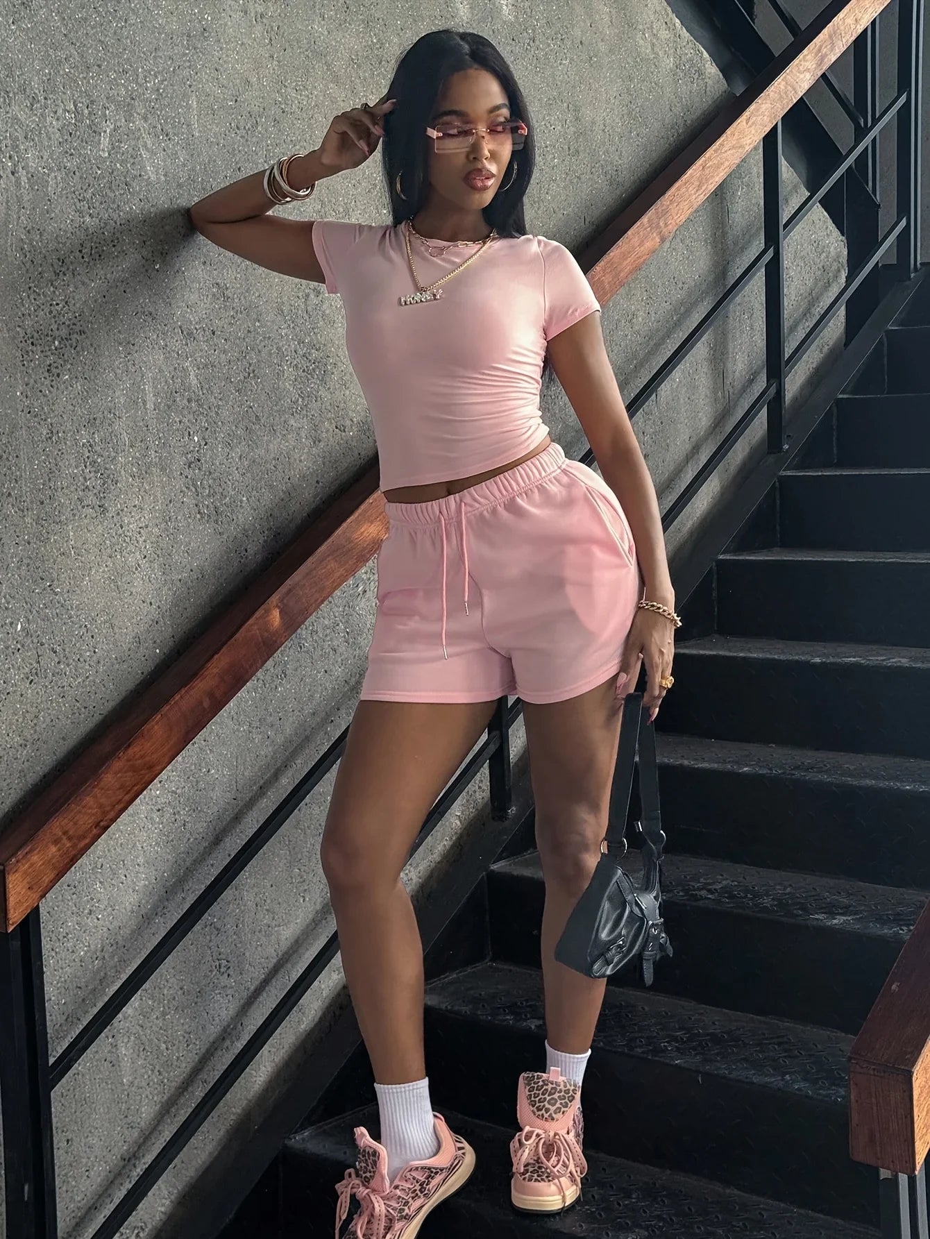 Women’s Two-Piece Casual Set – Crew Neck Short Sleeve T-Shirt & Drawstring Waist Shorts Lounge Outfit