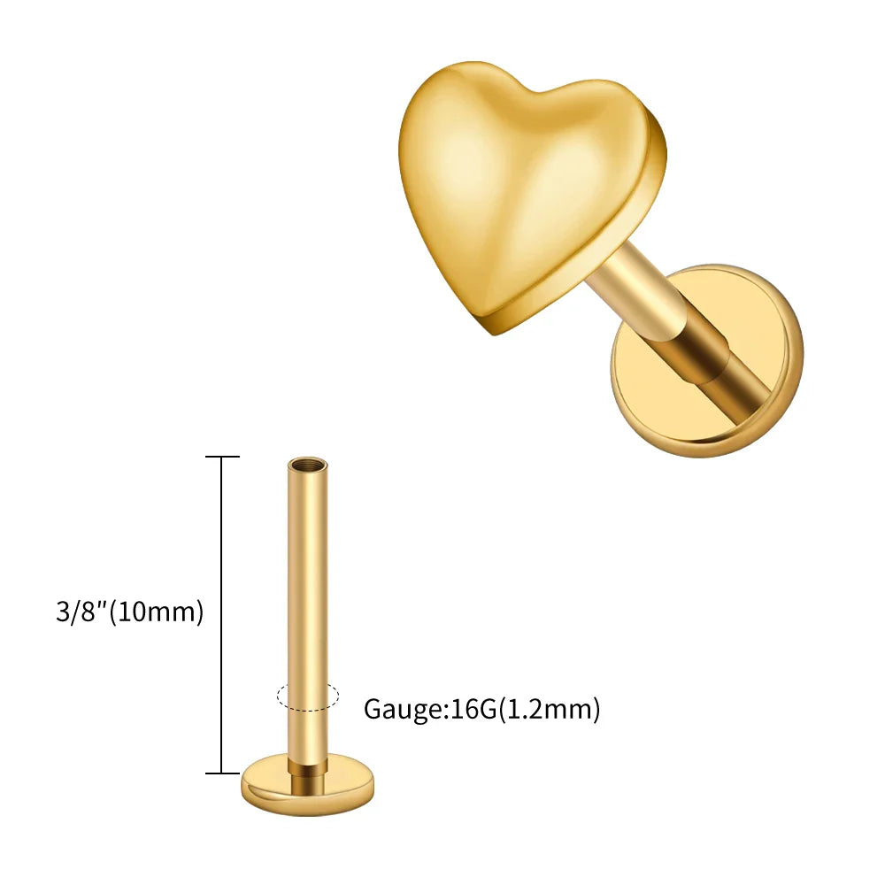 Right Grand ASTM F136 Titanium 16G Heart Flat Back Labret Stud – Monroe, Lip, Helix, Tragus, Conch & Earlobe Cartilage Piercing Body Jewelry