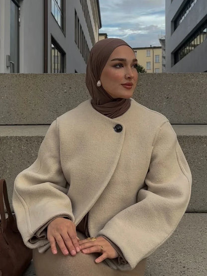 2024 Women's Elegant Solid Wool Blend Cardigan Coat – Round Neck, Single Button, Long Sleeve High Street Outwear