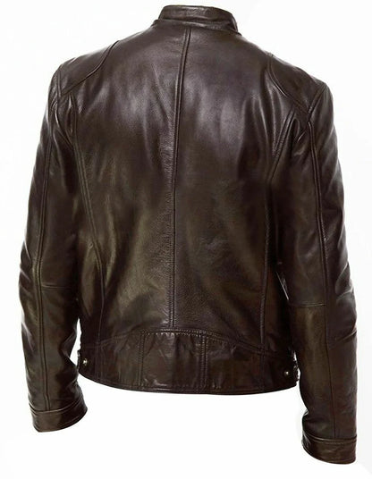 Men’s Slim Fit Motorcycle Leather Jacket – Short Lapel PU Zipper Windproof Coat for Autumn
