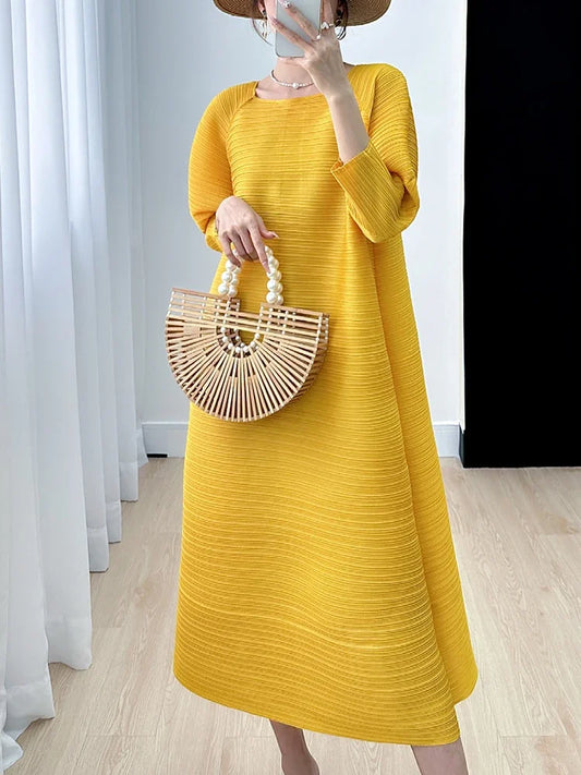 2023 Women's Miyake Pleated Long Dress – Full Sleeve, Round Neck, Korean Fashion, Plus Size Summer Style