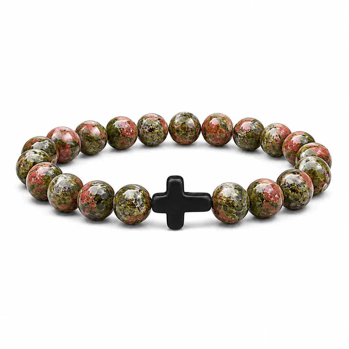 Natural Stone & Wood Bead Rosary Bracelet - Hematite Cross Meditation & Yoga Jewelry for Men & Women