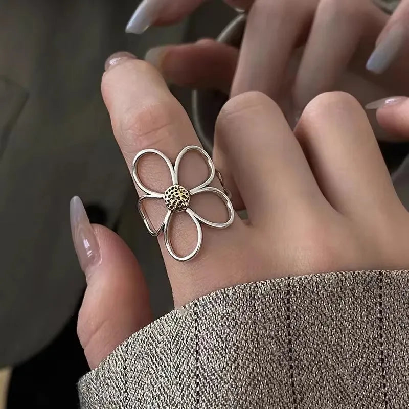 VENTFILLE 925 Sterling Silver Adjustable Ring – Vintage Hollow Line Punk Hip Hop Couple Jewelry