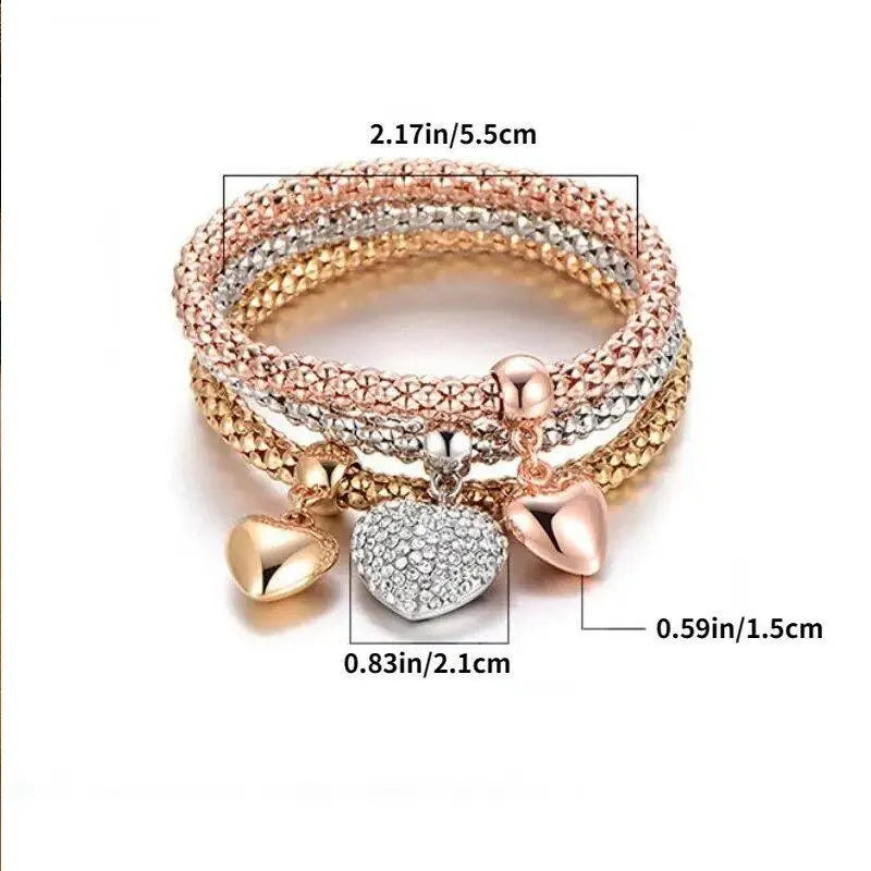 3PCS Women’s Charm Bracelet Set – Heart Lock, Key, Music & Owl Rose Gold & Silver Chain Bangles Jewelry