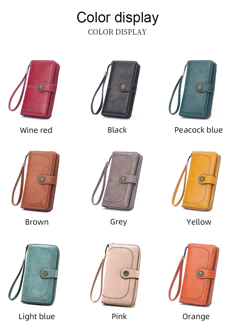 Vintage Large Capacity Women's Purse – Monochromatic Multi-Card Long Wallet with Zipper & Wrist Strap