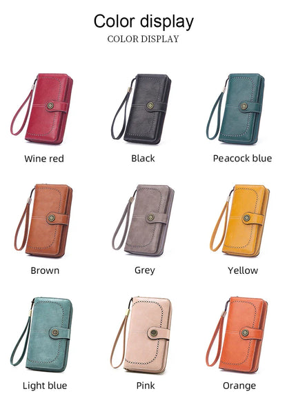 Vintage Large Capacity Women's Purse – Monochromatic Multi-Card Long Wallet with Zipper & Wrist Strap