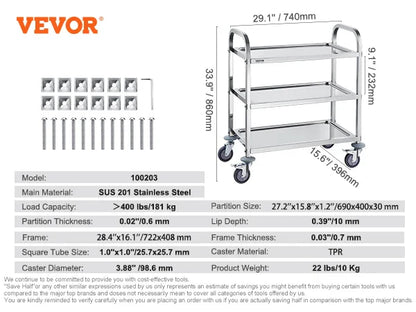 VEVOR Stainless Steel Lab Utility Cart – 1/2/3 Tier Medical & Kitchen Cart with Lockable Wheels