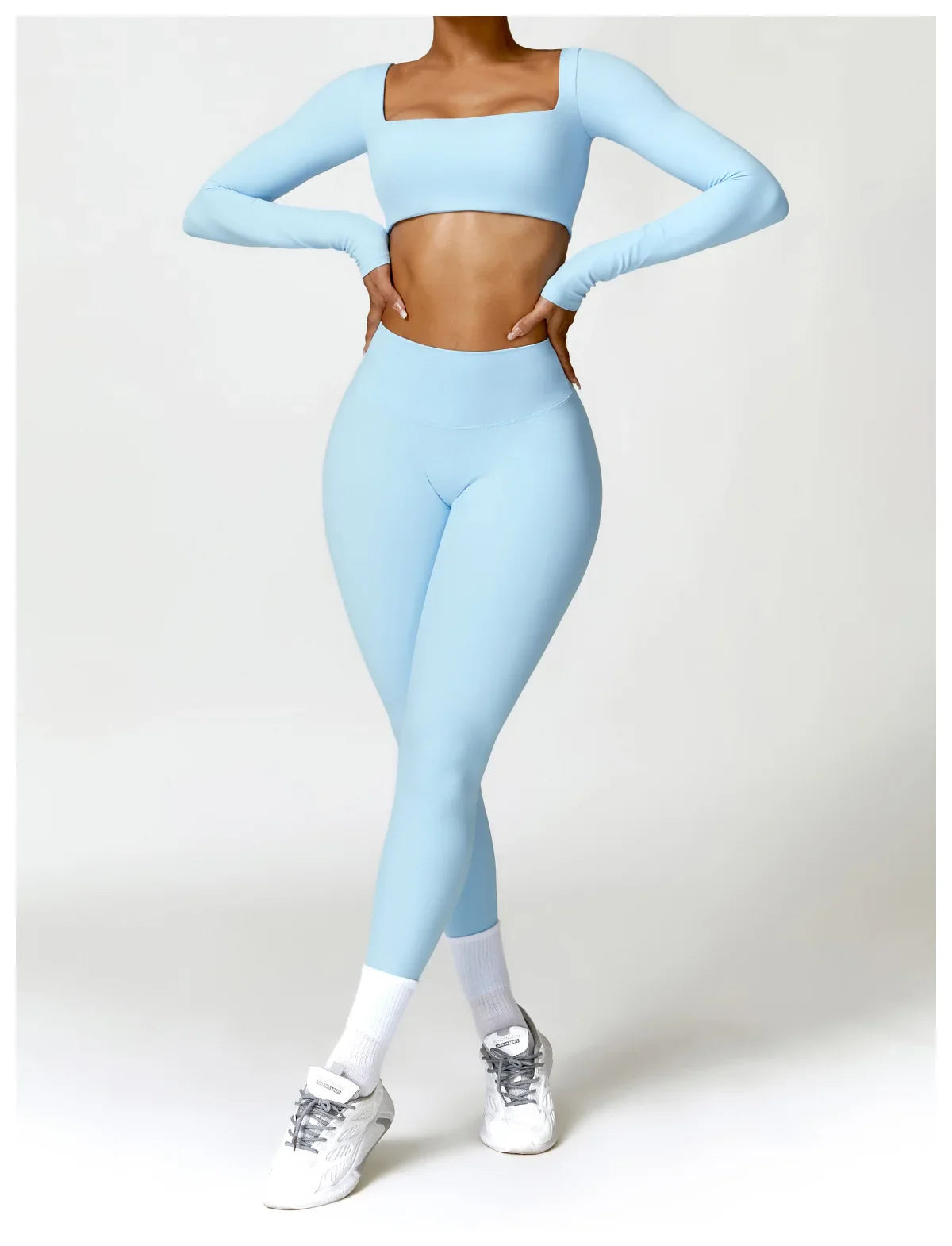 Hearuisavy 2PCS Long Sleeve Gym Set for Women, Quick-Drying Yoga Clothes, Sportswear, Running Leggings, Workout Sports Crop Top