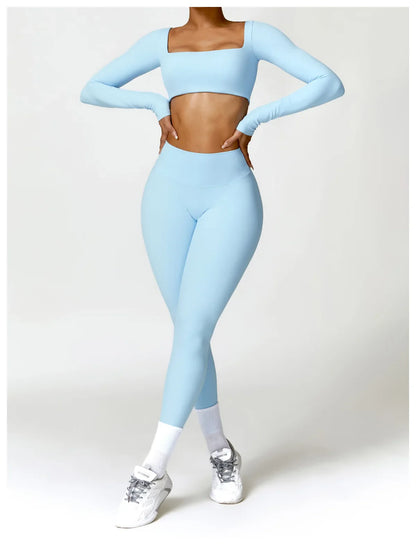 Hearuisavy 2PCS Long Sleeve Gym Set for Women, Quick-Drying Yoga Clothes, Sportswear, Running Leggings, Workout Sports Crop Top