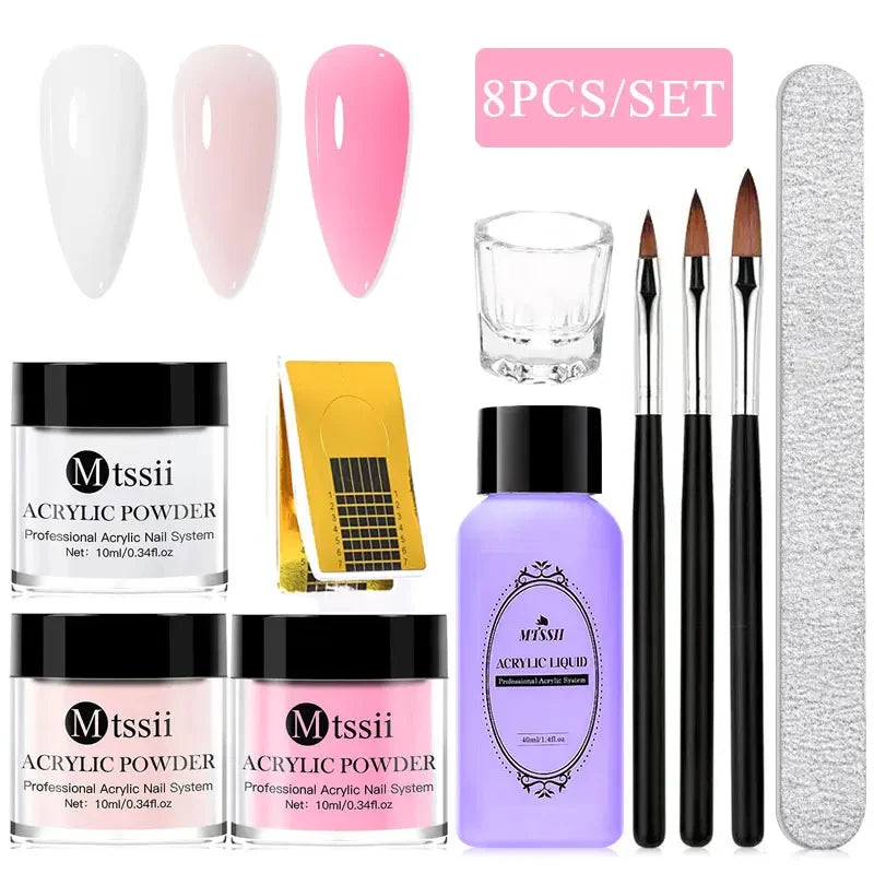 Nail Crystal Powder Kit – Acrylic Liquid Set with Pink & White Powder, Nail Brush for Extension & Carving, Beginner Set
