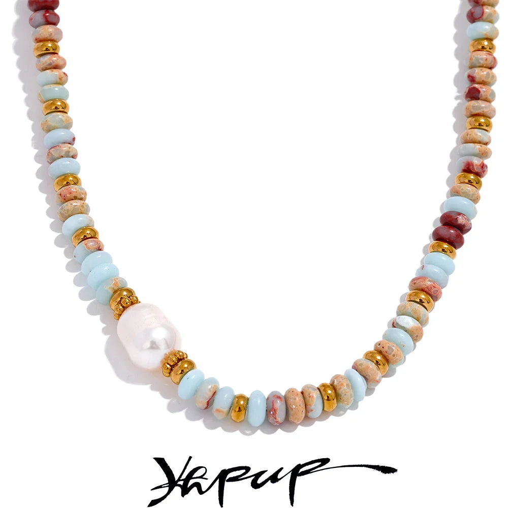 Yhpup Natural Stone & Freshwater Pearl Necklace – Stainless Steel Handmade Beaded Collar Chain Jewelry Gift
