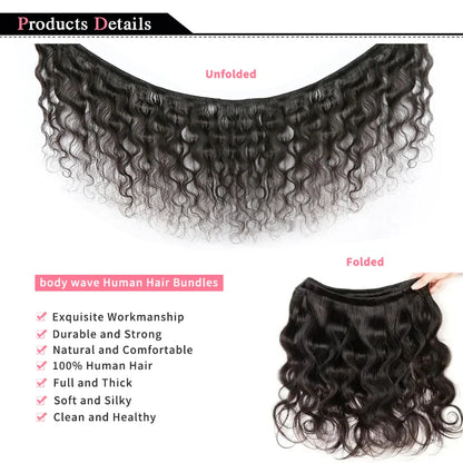 Body Wave Bundles – 100% Brazilian Human Hair Weave Extensions, Natural Black, 3PCS Bundle Deal