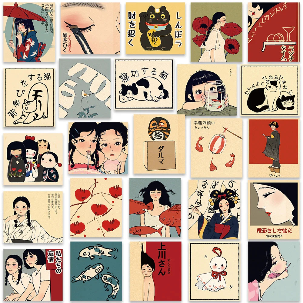 50pcs Retro Japanese Cartoon Stickers – Waterproof Aesthetic Graffiti Decals for Laptop, Luggage, Guitar & Skateboard