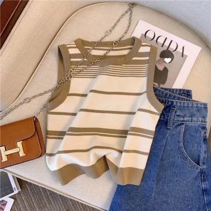 Women's Casual Striped Knit Sleeveless Tank Top with Contrast Trim – Pink, Black & White