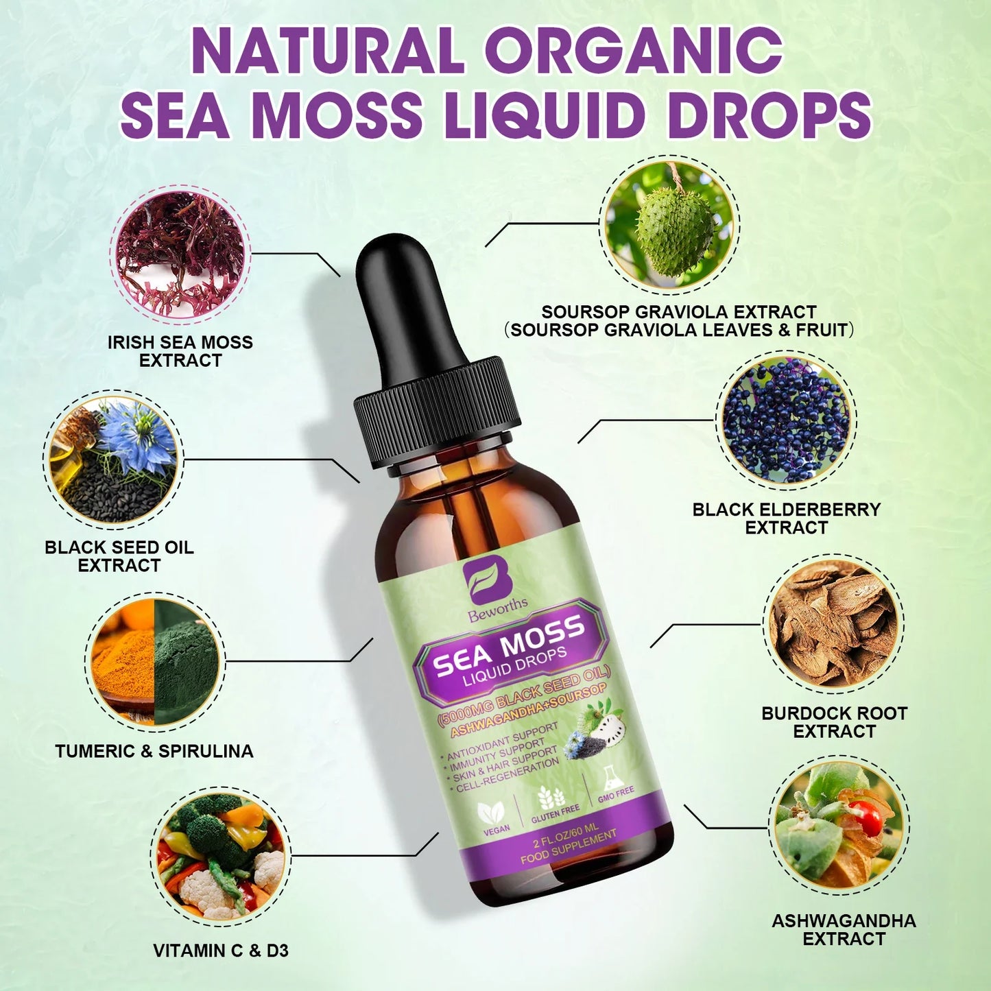 BEWORTHS Sea Moss & Soursop Graviola Extract Drops – Immunity, Kidney Health, Digestion & Antioxidant Support