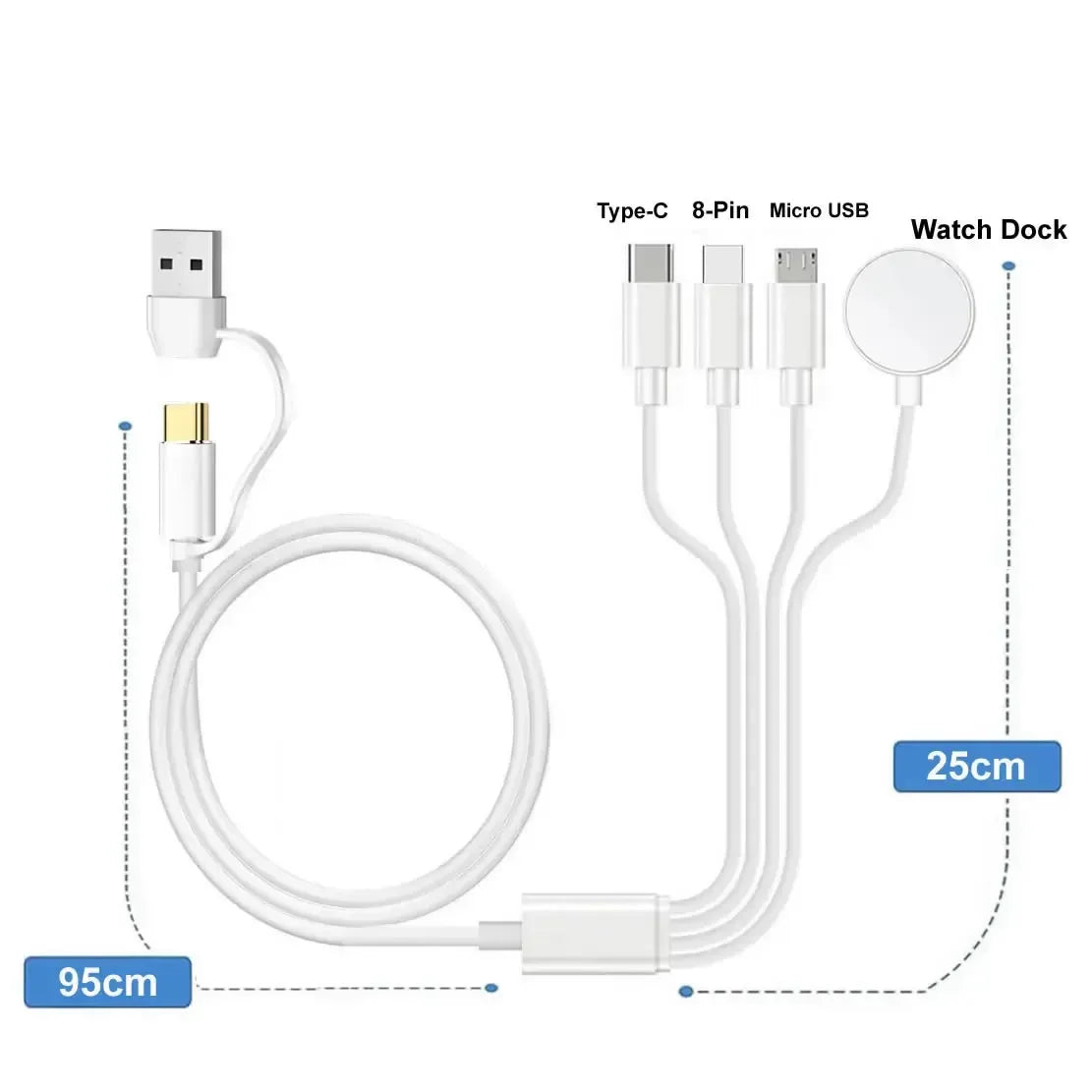 4-in-2 Multi Charging Cable for iPhone 15, Type-C, Micro USB – Wireless Charger for Apple Watch Ultra SE/9/8/7/6/5/4