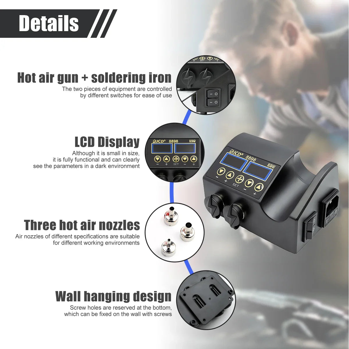 JCD 8898 2-in-1 Soldering Station 750W – Soldering Iron & Hot Air Gun for BGA SMD Phone Repair & Welding