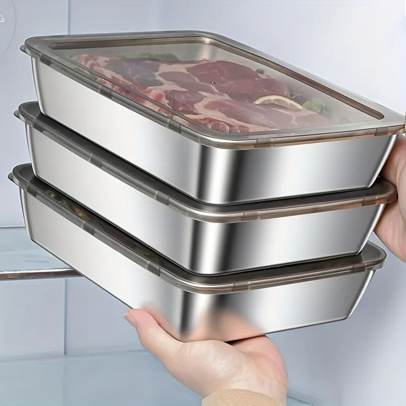 Stainless Steel Food Storage Container – Rectangular Dish with Lid for Noodles, Fruit, Lunch, and Refrigerator Organization
