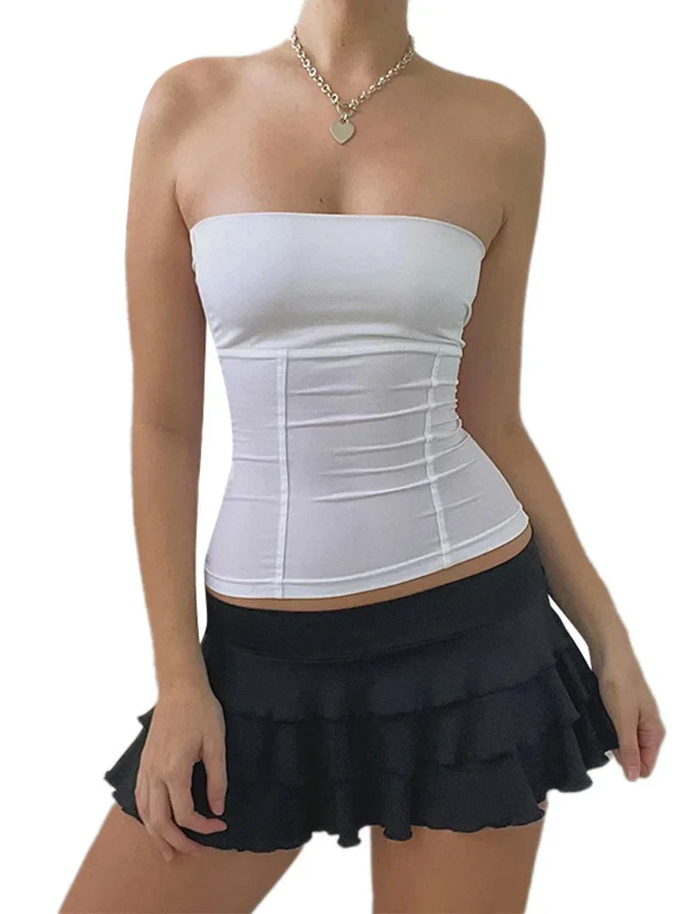 Women’s Y2K Strapless Corset Top – White Off-Shoulder Sleeveless Tube Bustier Summer Tank