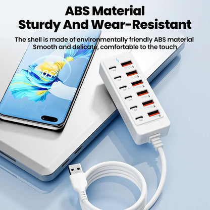 12-in-1 Power Strip & USB Charger Station — Multi-Port Wall/Desktop Adapter with USB-C Fast Charging for iPhone & Samsung