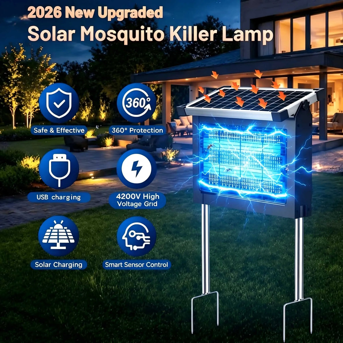 Solar Bug Zapper Outdoor 4500V Mosquito Killer Lamp – Waterproof Electric Fly Trap with Solar Panel Sensor for Garden, Patio & Camping Pest Control Device