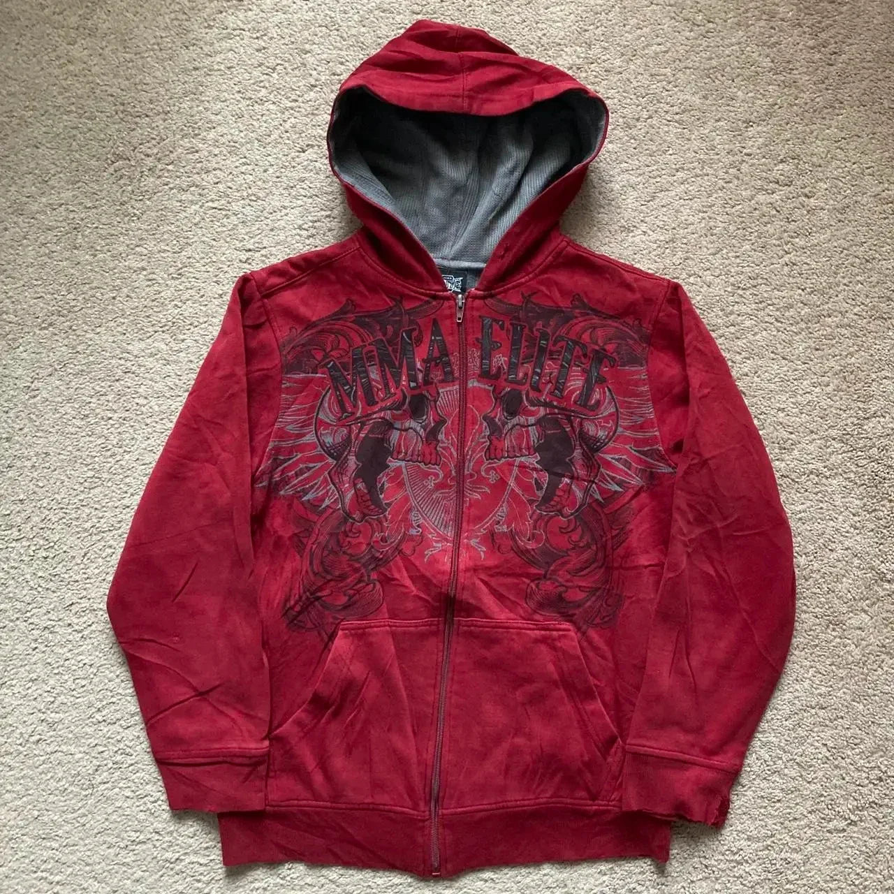 Y2K Harajuku Skull Embroidered Padded Coat - Vintage Hip Hop Faux Fur Collar Casual Couple Jacket