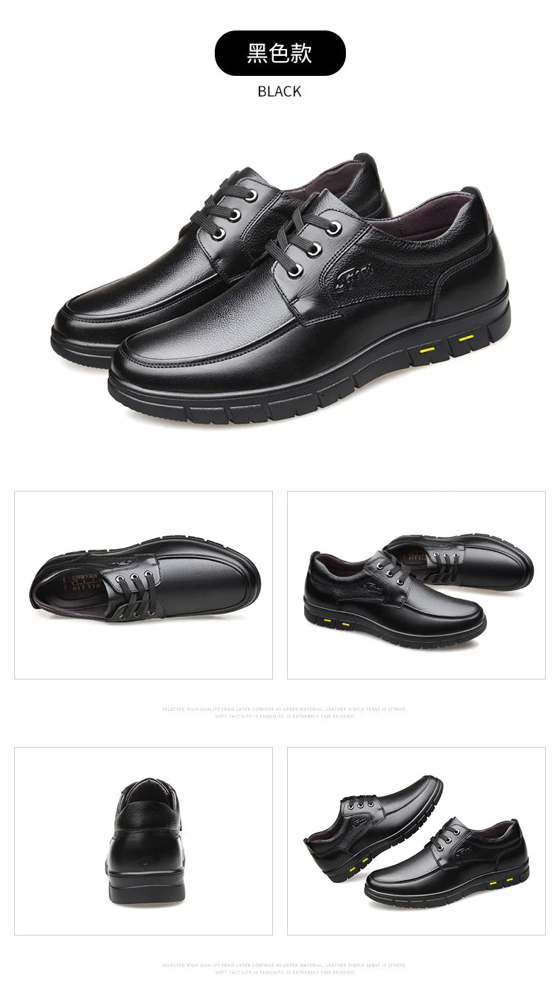 Men's Genuine Leather Casual Shoes - Soft Sole Lace-Up Loafers, Luxury Brand for Middle-Aged & Older Adults, Lightweight Dad Shoes