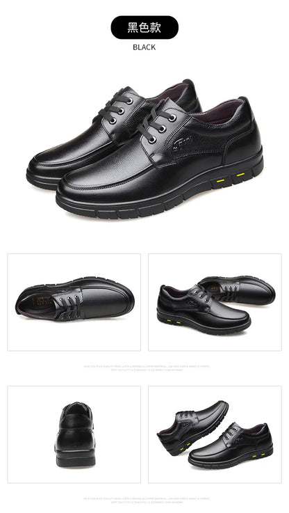 Men's Genuine Leather Casual Shoes - Soft Sole Lace-Up Loafers, Luxury Brand for Middle-Aged & Older Adults, Lightweight Dad Shoes