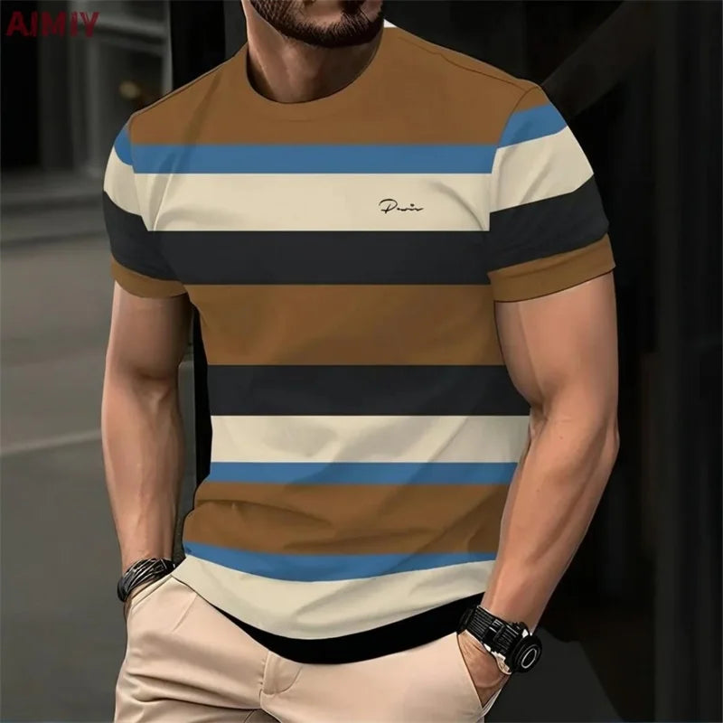 Men’s Striped Print Summer T-Shirt – Casual Round Neck Short Sleeve Outdoor Fashion Tee Shirt