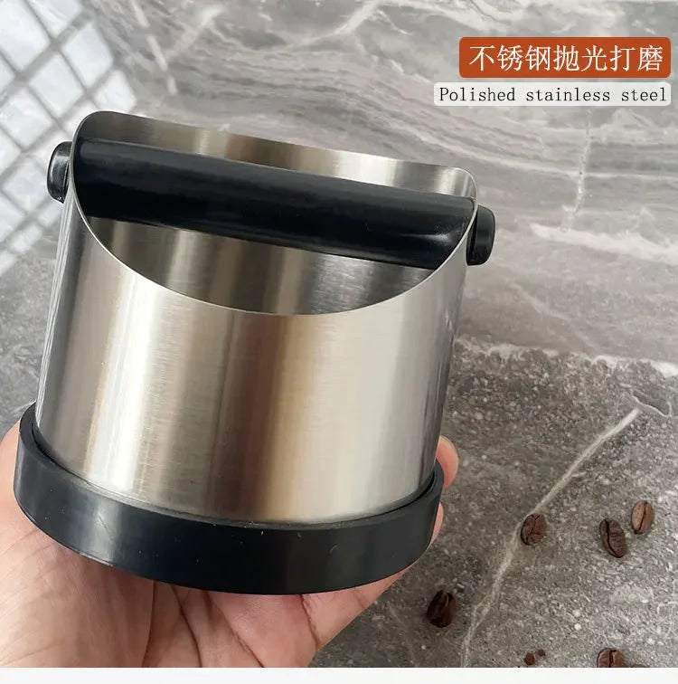 Stainless Steel Coffee Knock Box – Non-Slip Espresso Ground Bin with Rubber Ring and Beveled Design