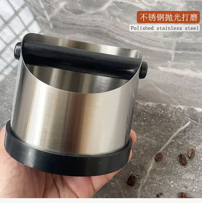 Stainless Steel Coffee Knock Box – Non-Slip Espresso Ground Bin with Rubber Ring and Beveled Design