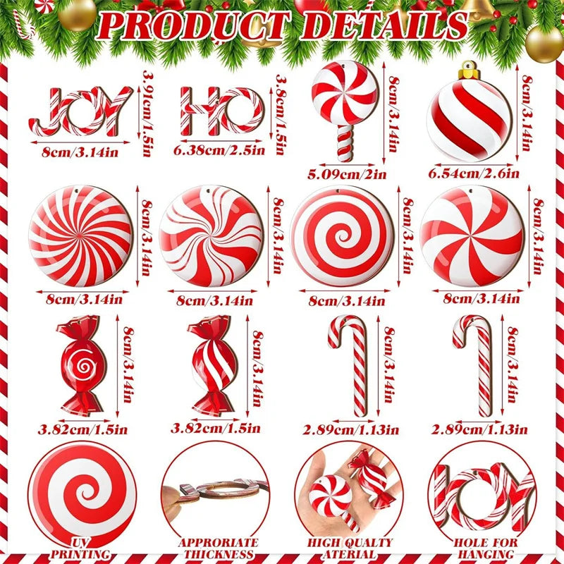 12PCS Wooden Christmas Candy Ornaments – Red & White Hanging Decorations for Tree, Home & New Year Party