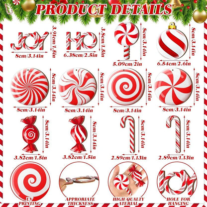 12PCS Wooden Christmas Candy Ornaments – Red & White Hanging Decorations for Tree, Home & New Year Party