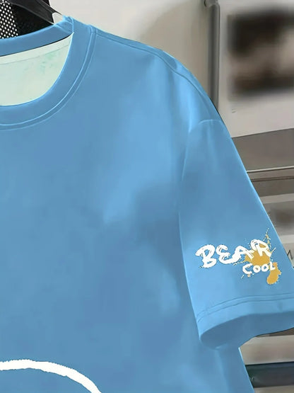 Men's Cartoon Bear Print T-Shirt - Breathable Round Neck Casual Summer Tee