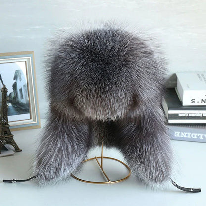 Natural Raccoon & Fox Fur Russian Ushanka Hat – Women’s Black Winter Bomber Cap with Ear Flaps