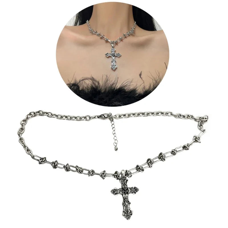 Vintage Cross Pendant Necklace – Kpop Punk Long Chain Retro Jewelry for Women, Korean Fashion Gift
