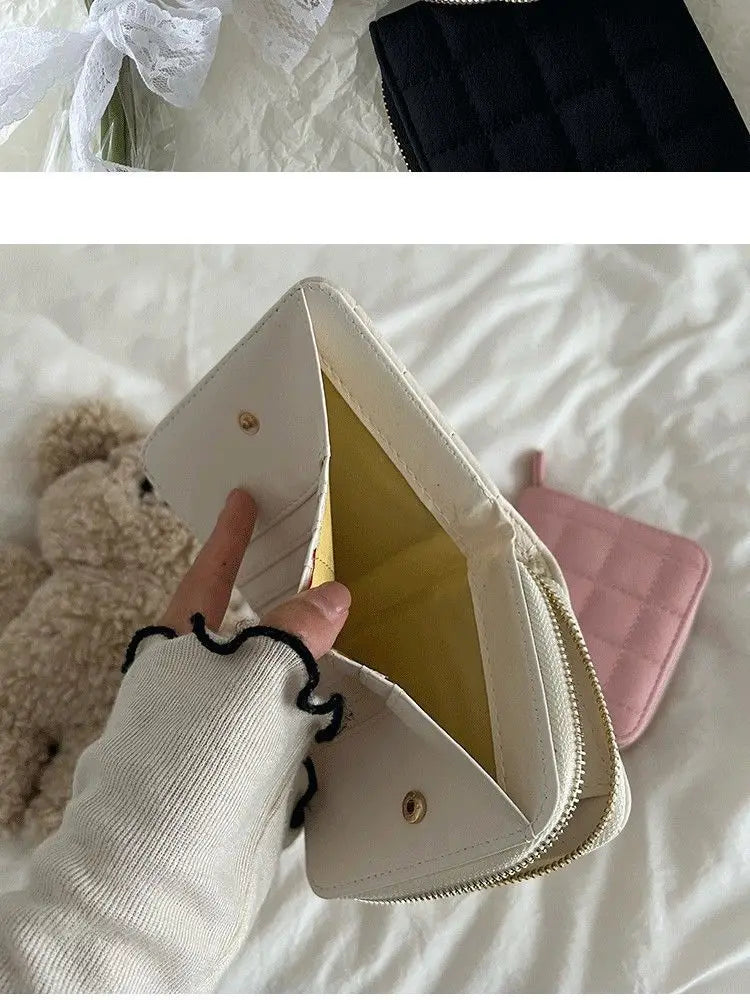 Women’s Small PU Leather Zipper Wallet with Coin Purse – Cute Plaid Mini Korean Card Holder, New Arrival