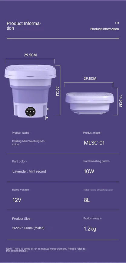 8L Portable Foldable Washing Machine – Mini Washer with Spin Dryer for Socks, Underwear & Panties