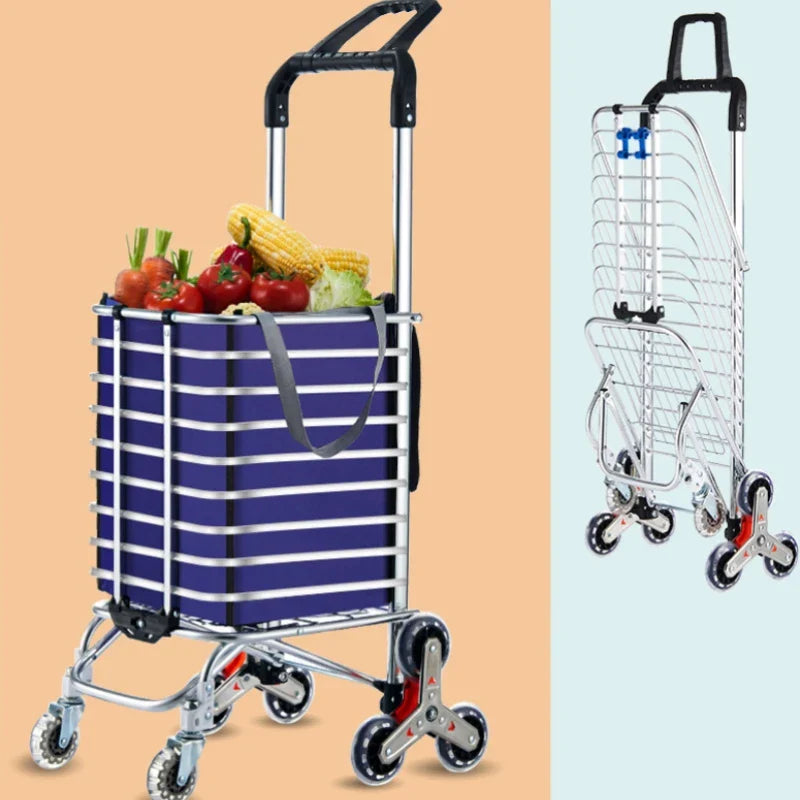 Aluminum Alloy Folding Grocery Cart – Portable Lightweight Shopping Trolley with Step Climbing for Supermarket & Food