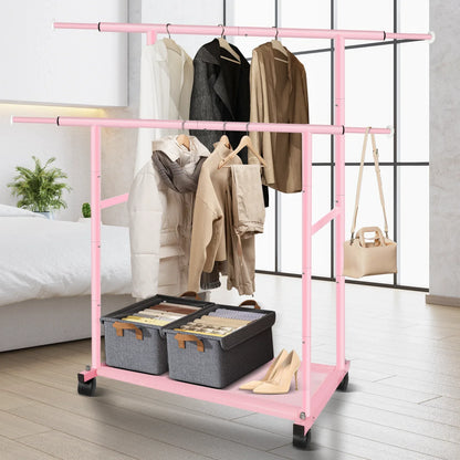 Pink Twin-Pole Rolling Clothes Rack with Net Shelf – Cute Metal Garment Rack, Strong Load-Bearing Storage