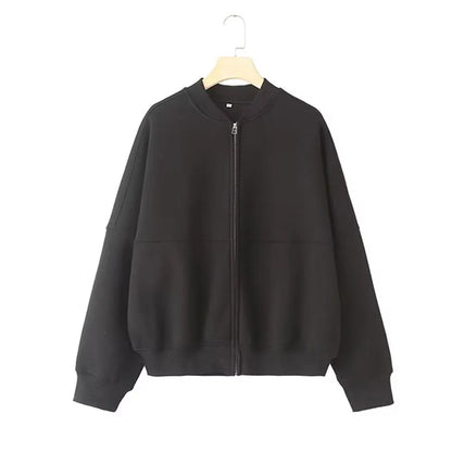TRAFZA Women’s 2-Piece Retro Set – Solid Zipper Bomber Jacket & High-Waisted Lace-Up Velvet Pants