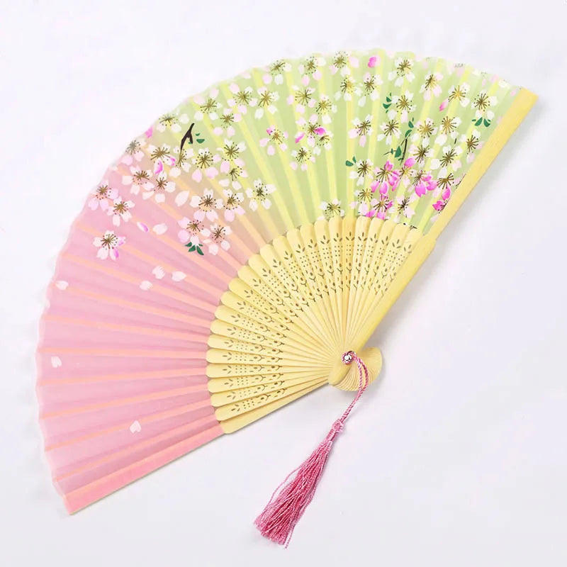 Bamboo Folding Fan with Silk — Chinese & Japanese Style Handheld Fan, Antique Art Craft for Summer Dance, Home Decor & Party