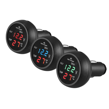 3-in-1 Car Charger & Voltmeter – 12/24V USB Charger with Thermometer, LED Digital Display & Current/Volt Detector
