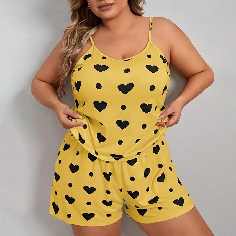 Plus Size Heart Print Pajama Set – Women’s Sleeveless Crop Top & Elastic Waist Shorts Nightwear