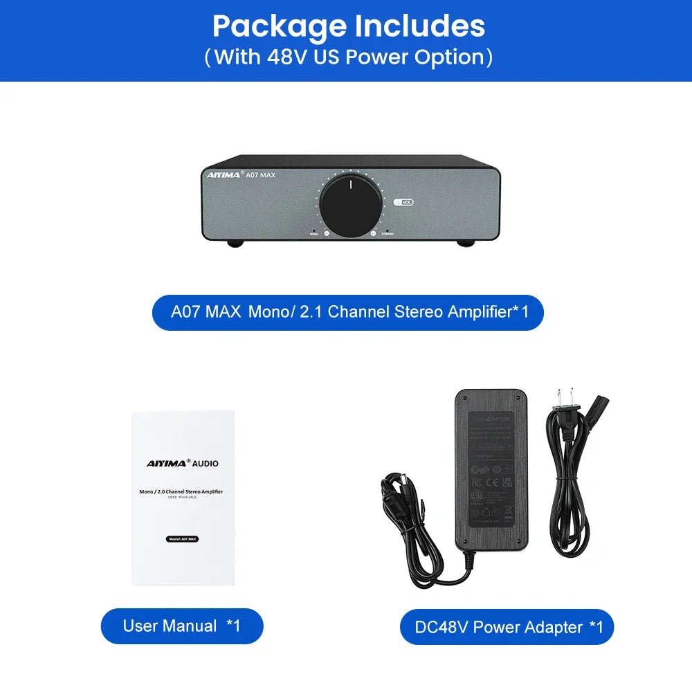 AIYIMA A07 MAX 2-Channel Class D Amplifier – 300W x2 TPA3255 Home Audio Stereo Amp, Bridgeable Mono 600W Power Speaker System