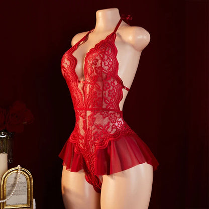 Women’s Lace Crotchless Bodysuit Lingerie - Deep V Hollow Teddy Pajama Costume